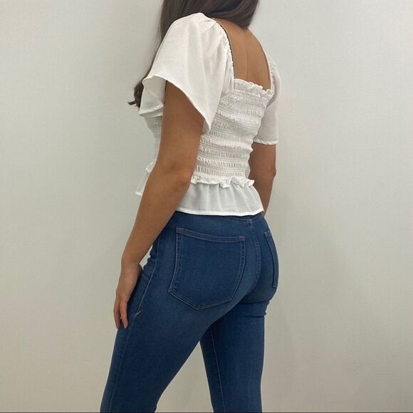 NWT Anthropologie White Smocked Crop Top with Flutter Sleeve - Picture 3 of 5